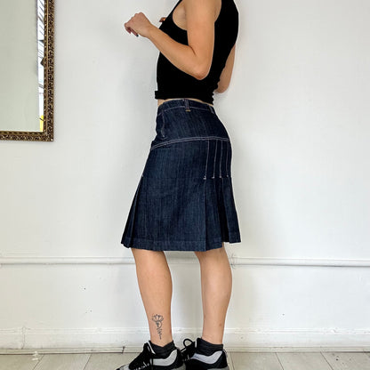 dark denim pleated midi skirt