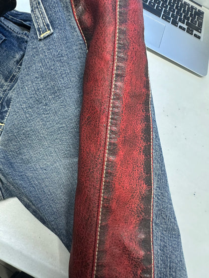 2000's flared jeans with red leather insert