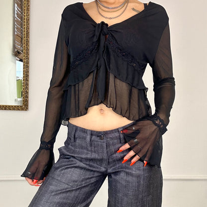 2000's french mesh tie blouse