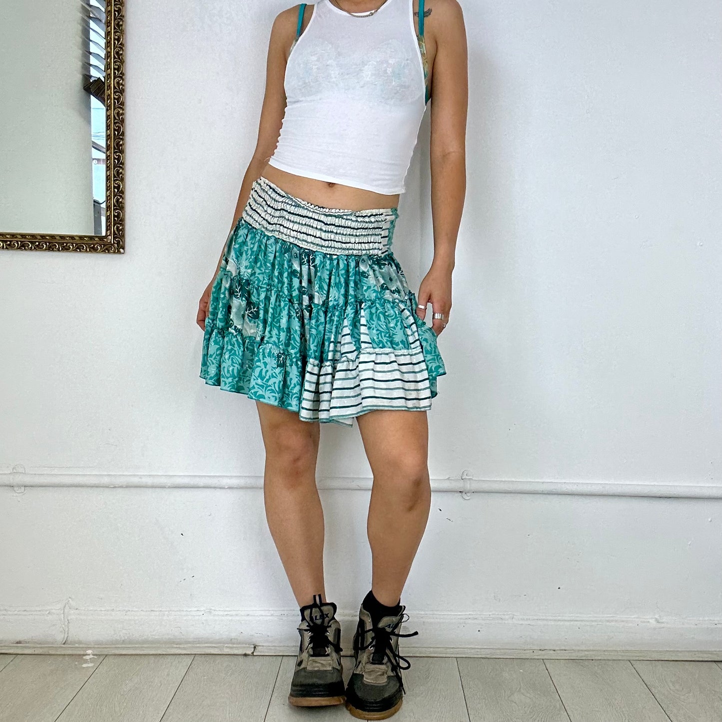 turqoise patterned flowy mini skirt