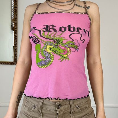 pink dragon print mesh top