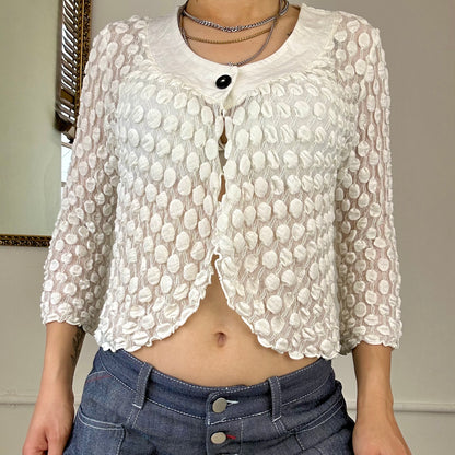 white textured button up blouse