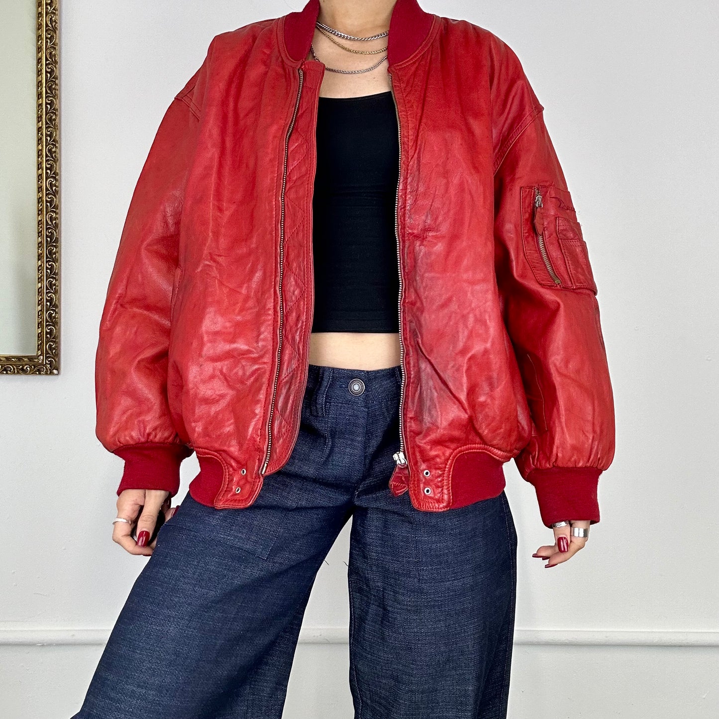 diesel red leather bomber jacket