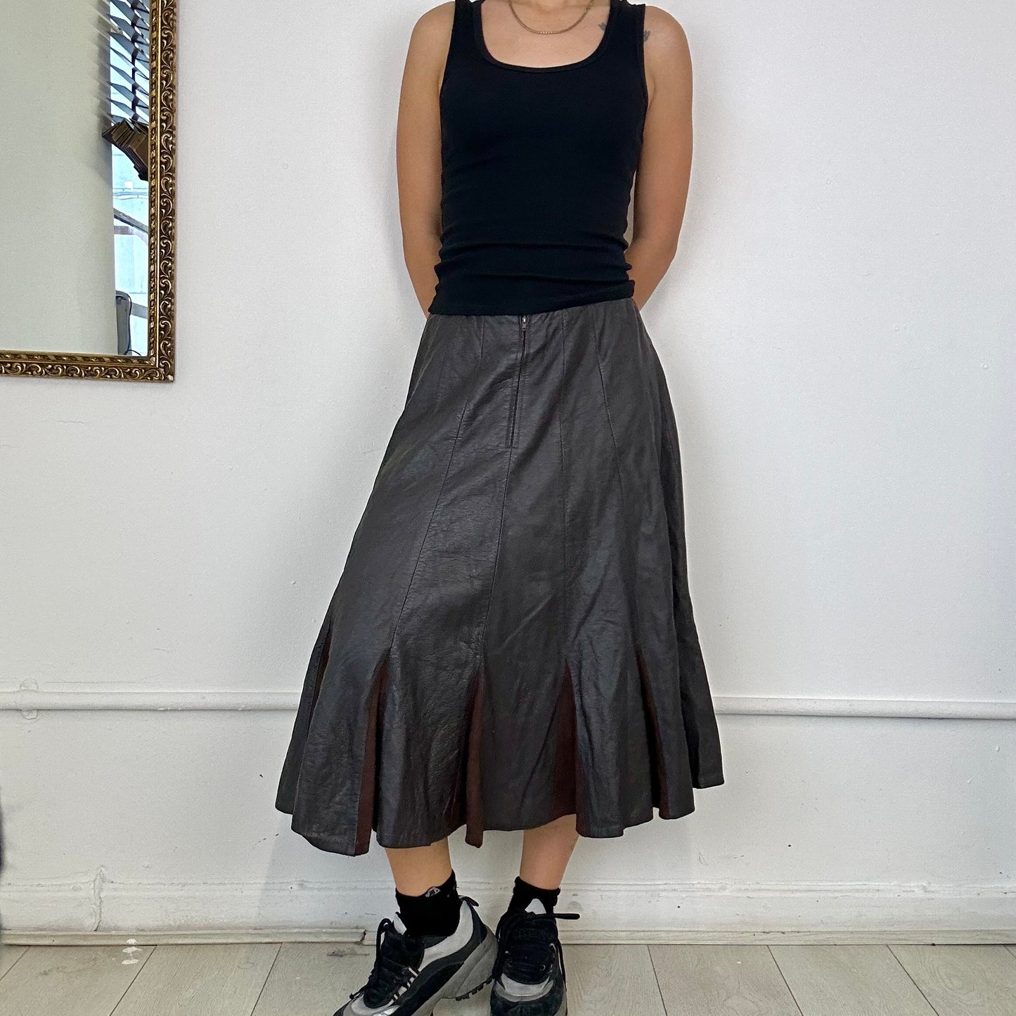 vintage brown pleated leather midi skirt