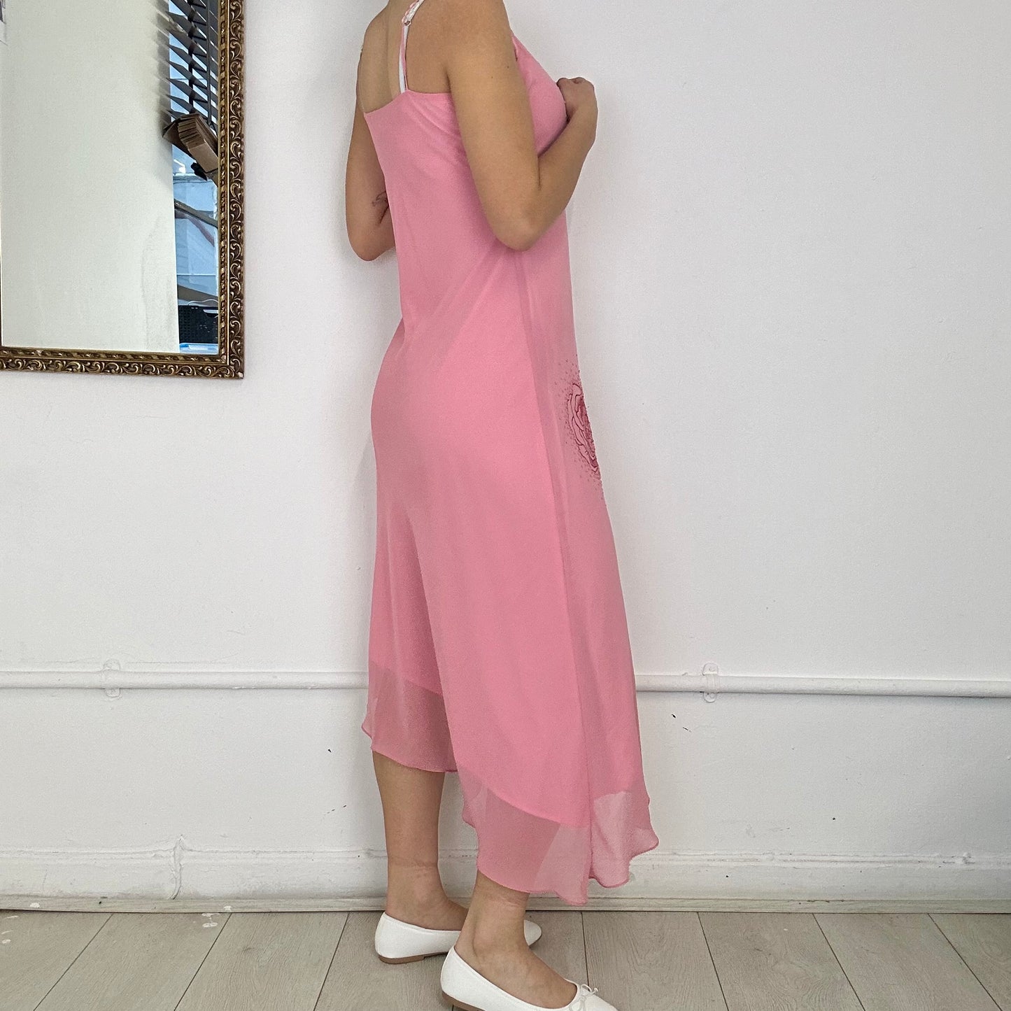 pink asymmetric mesh beaded midi dress