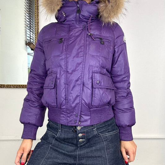 vintage moncler purple zip up hooded puffer coat