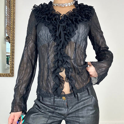 90's black shiny mesh blouse