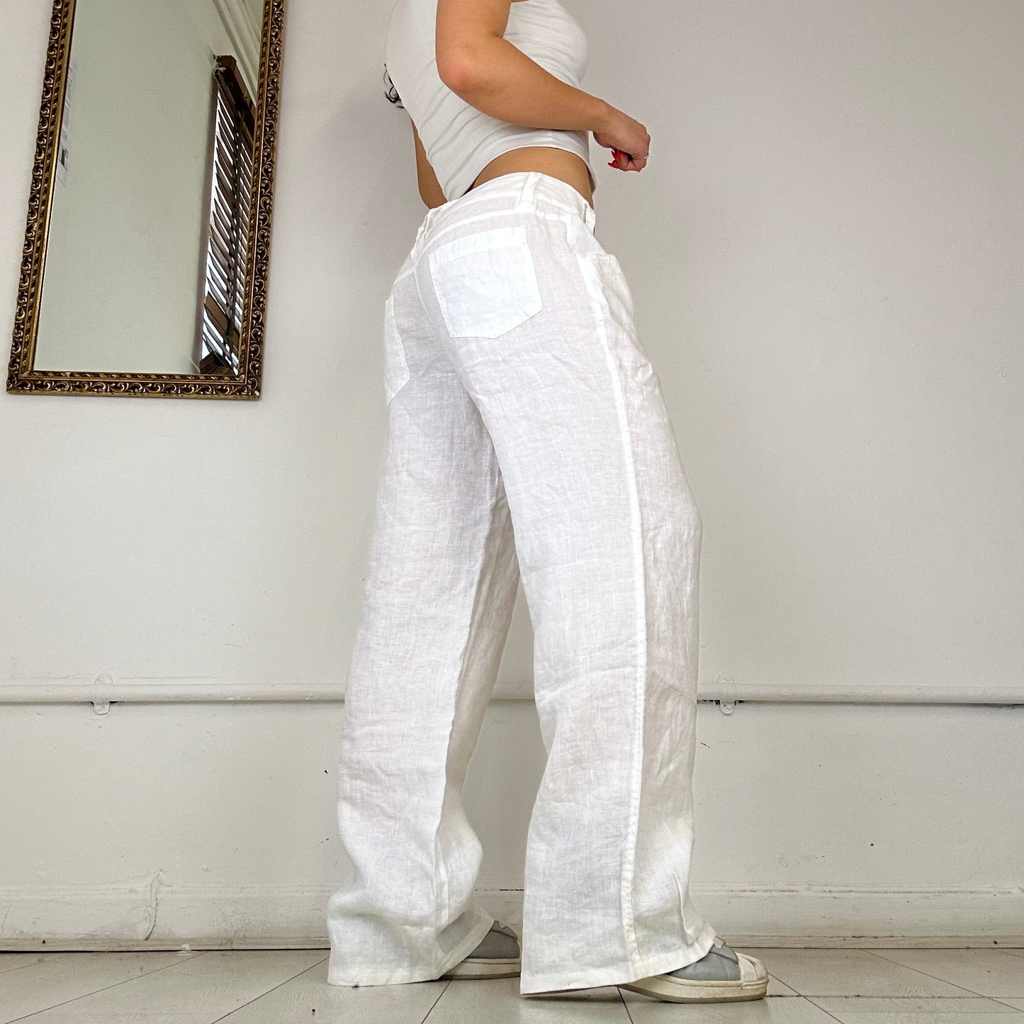 wide leg white linen trousers