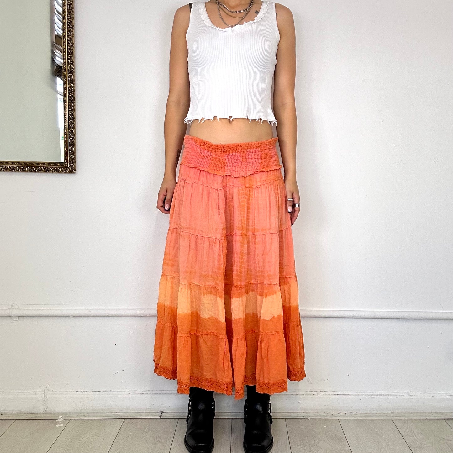 orange ombré print tiered maxi skirt