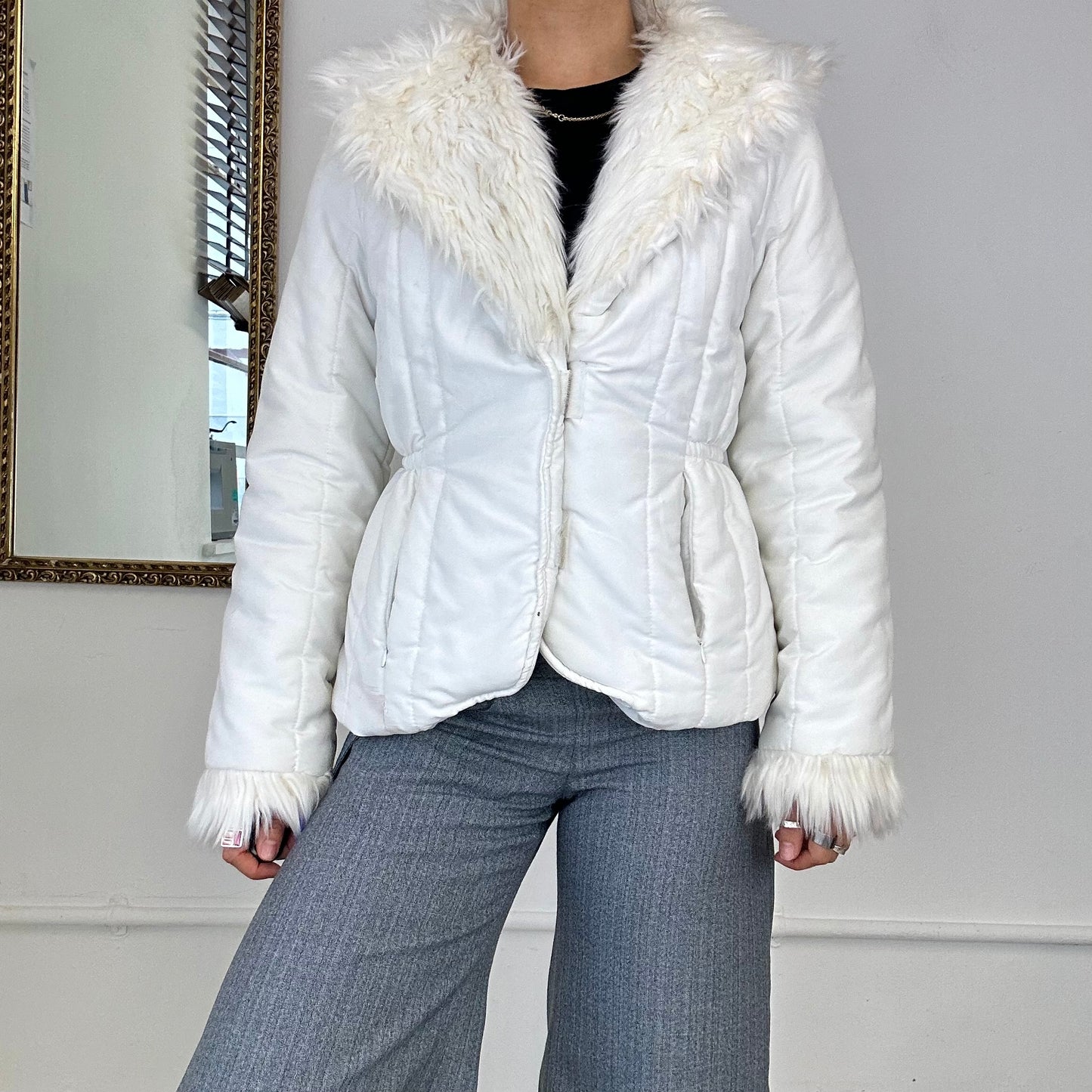 2000's white fur puffer coat