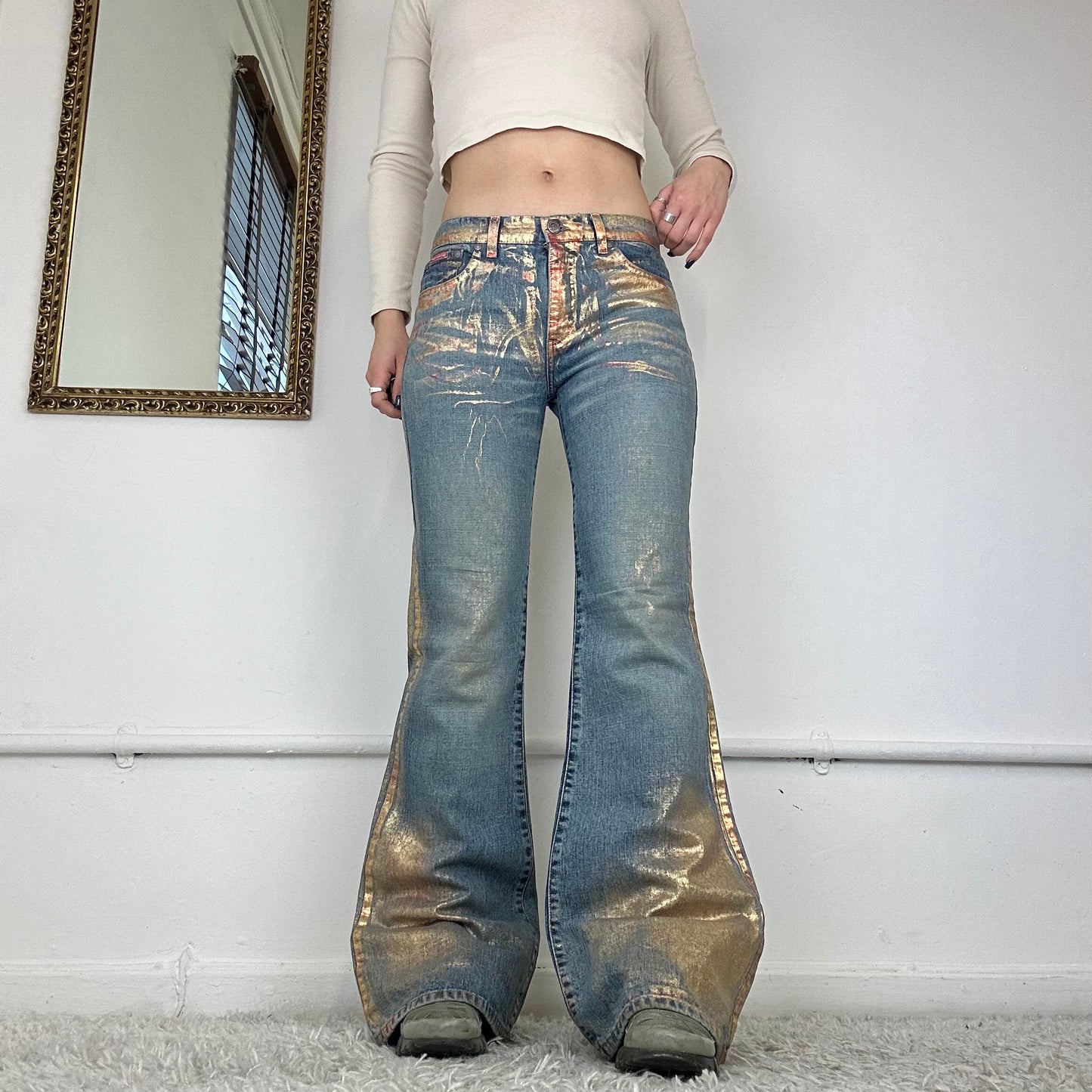 00s flared metallic jeans