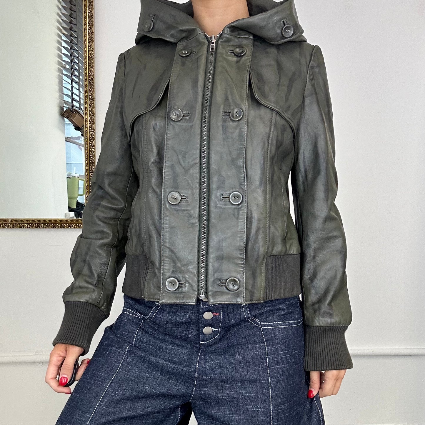 2000's grey double breasted hooded leather jacket