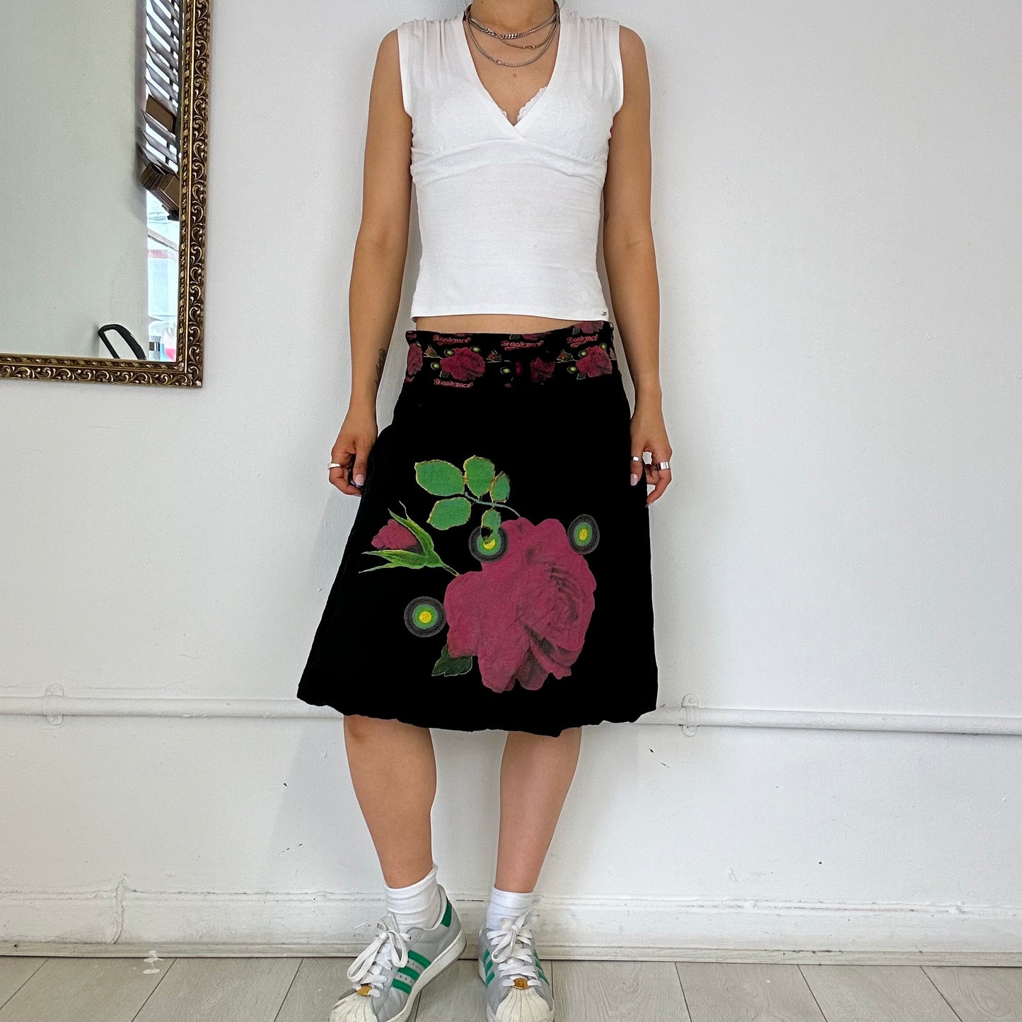 desigual black floral print midi skirt