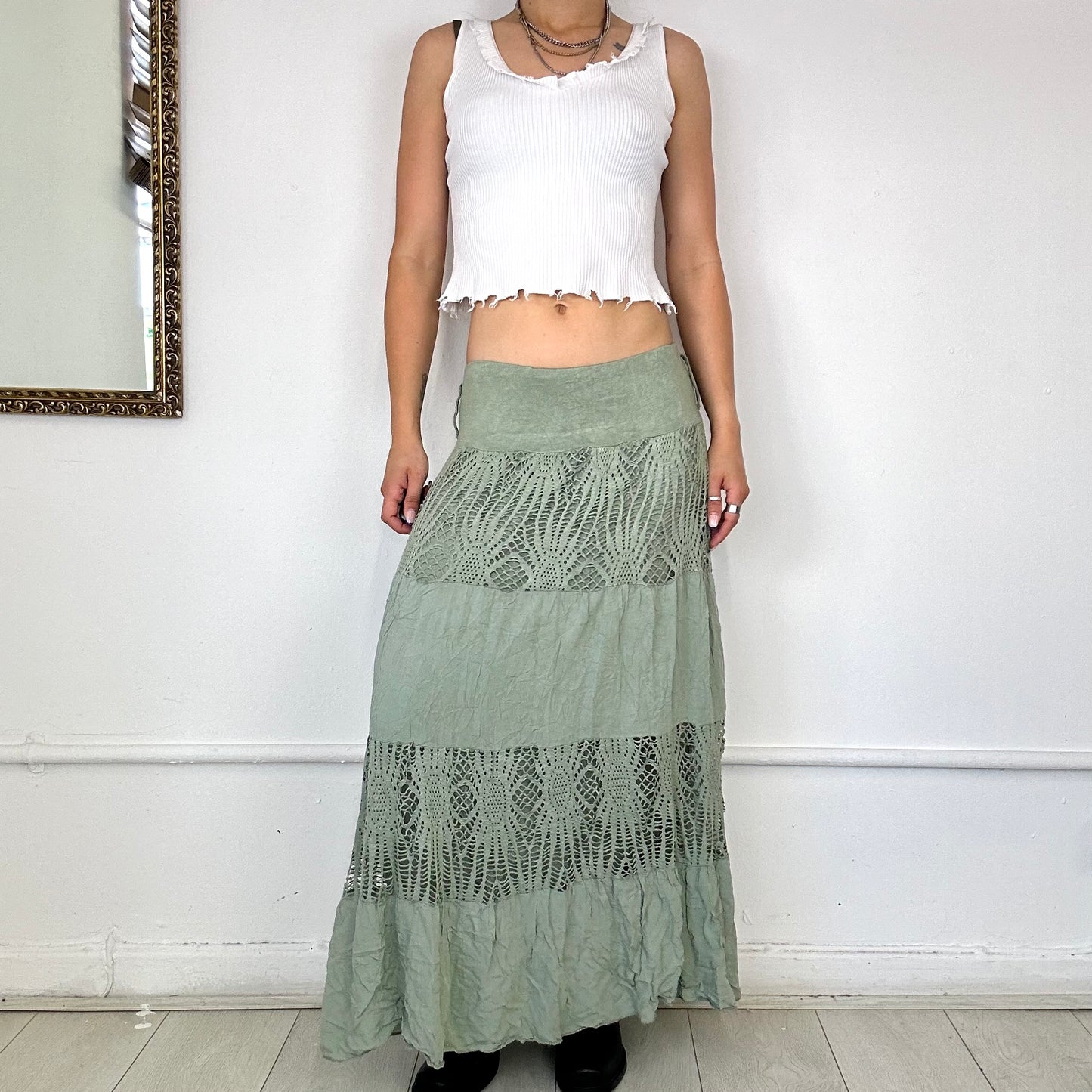 green tiered maxi skirt