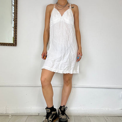 white linen flowy mini halter neck dress