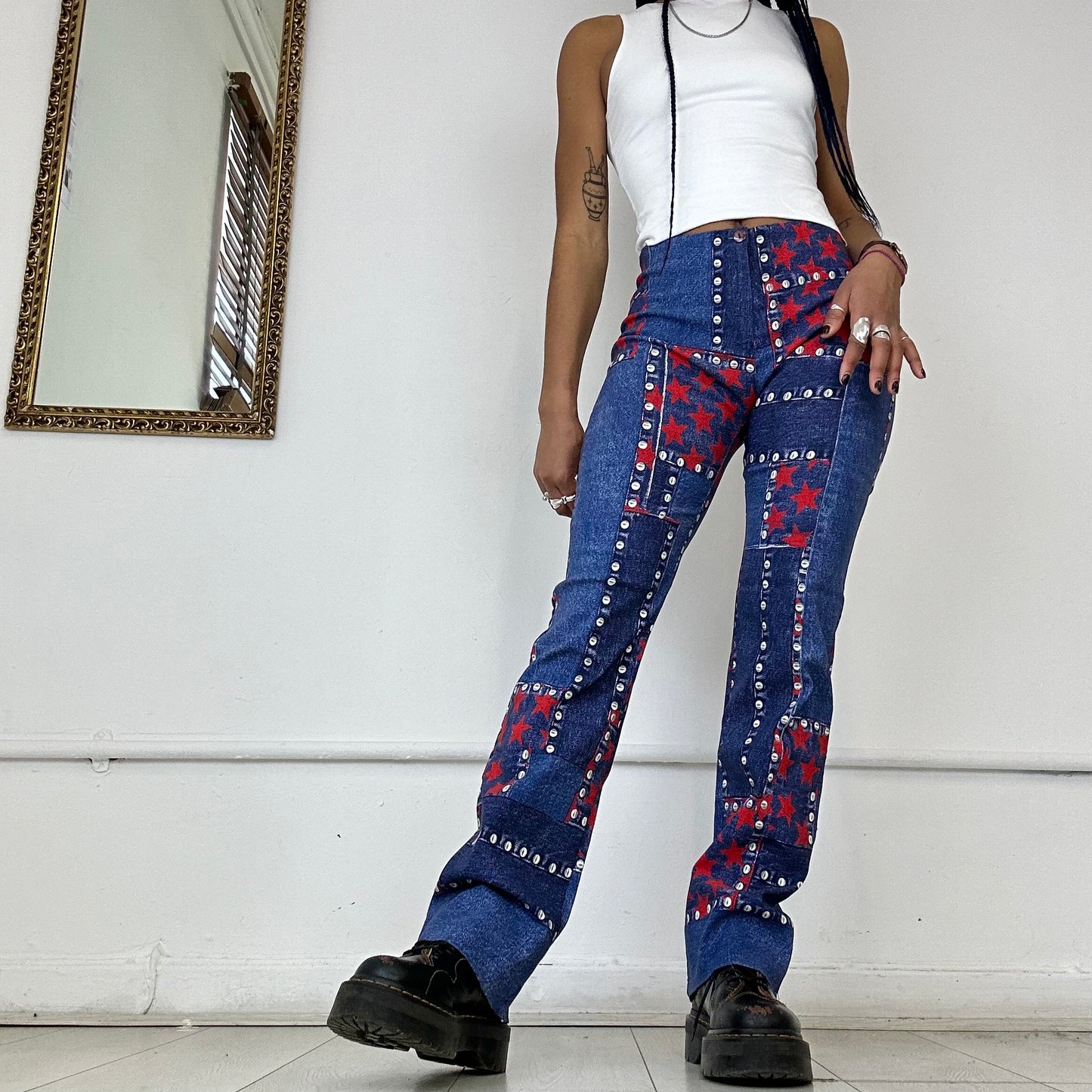 00’s printed patchwork flare trousers