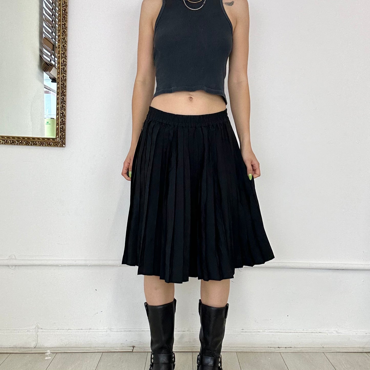 vintage black pleated midi skirt