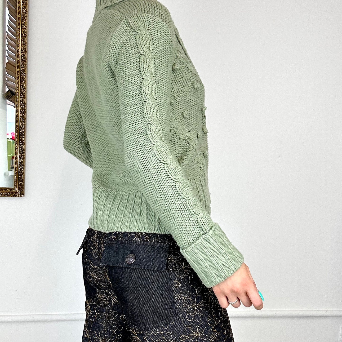 sage green asymmetric knitted cardigan