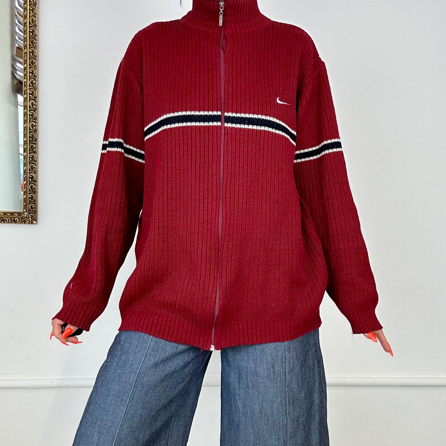 red vintage nike zip up knit jumper