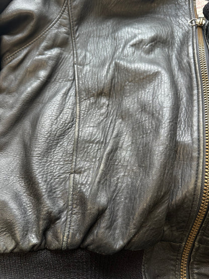 vintage dark leather bomber jacket