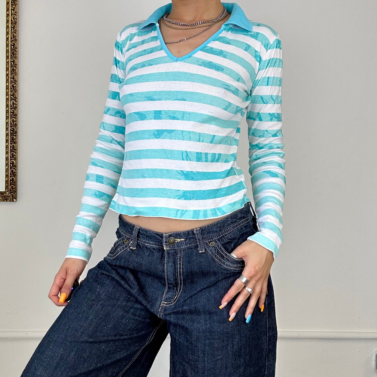 00's long sleeve blue striped polo top