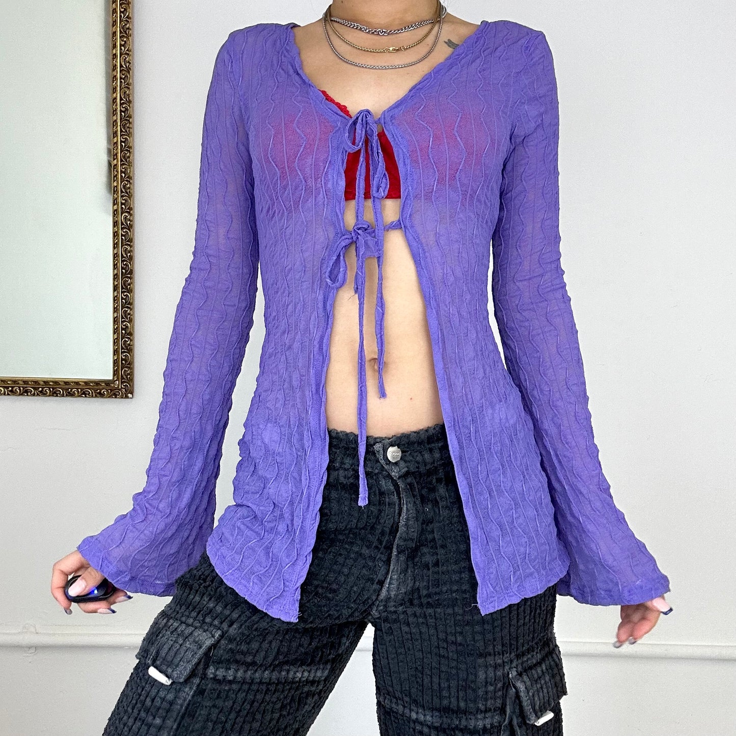 purple flowy long sleeve tie top