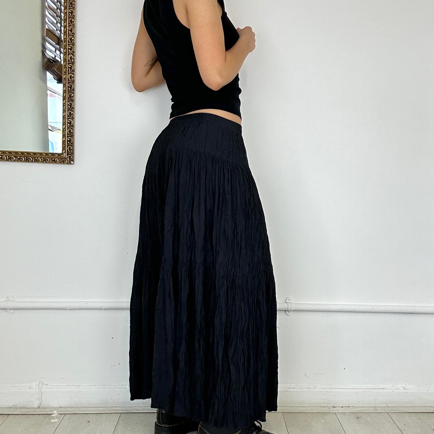 black pleated maxi skirt