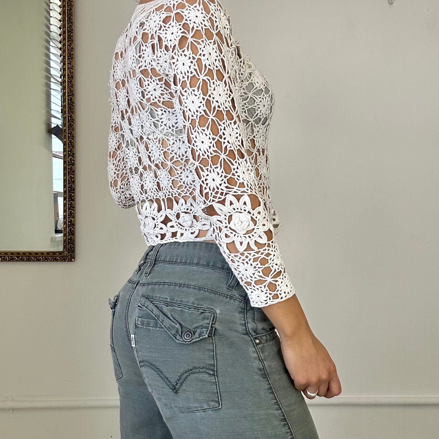 white crochet knitted long sleeve top