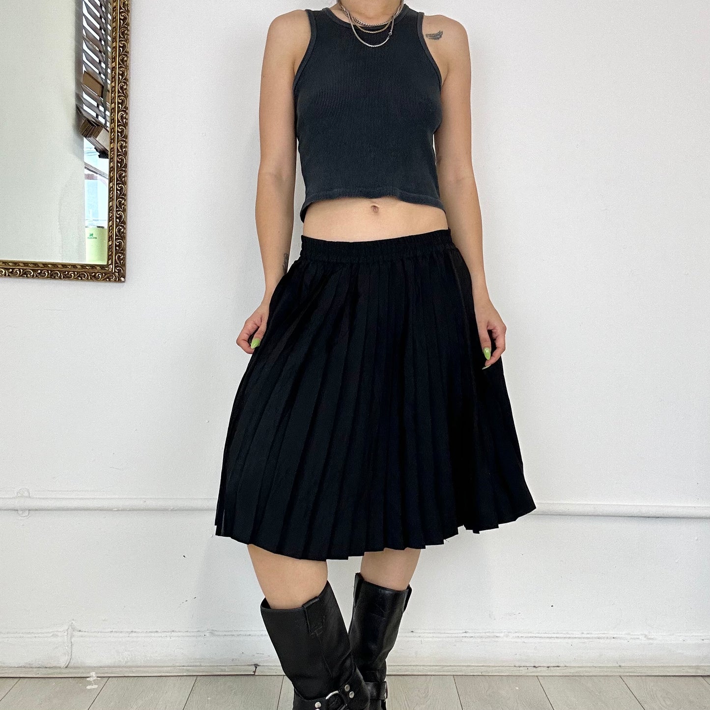 vintage black pleated midi skirt