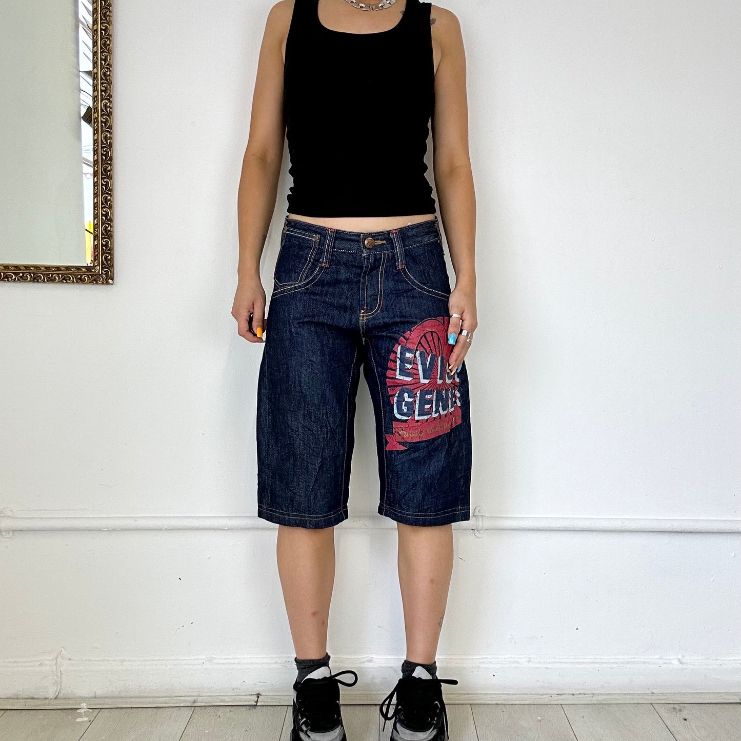 dark wash evisu denim shorts