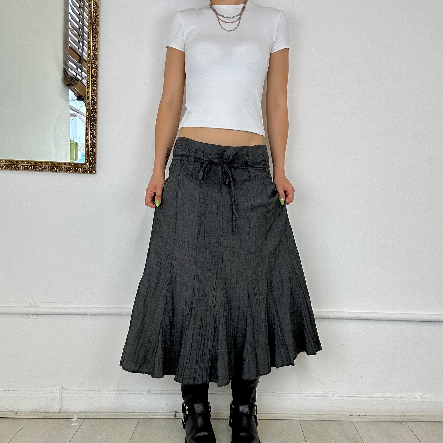 grey crinkle pleated maxi skirt