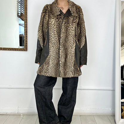 vintage fur cheetah print coat with leather detailing