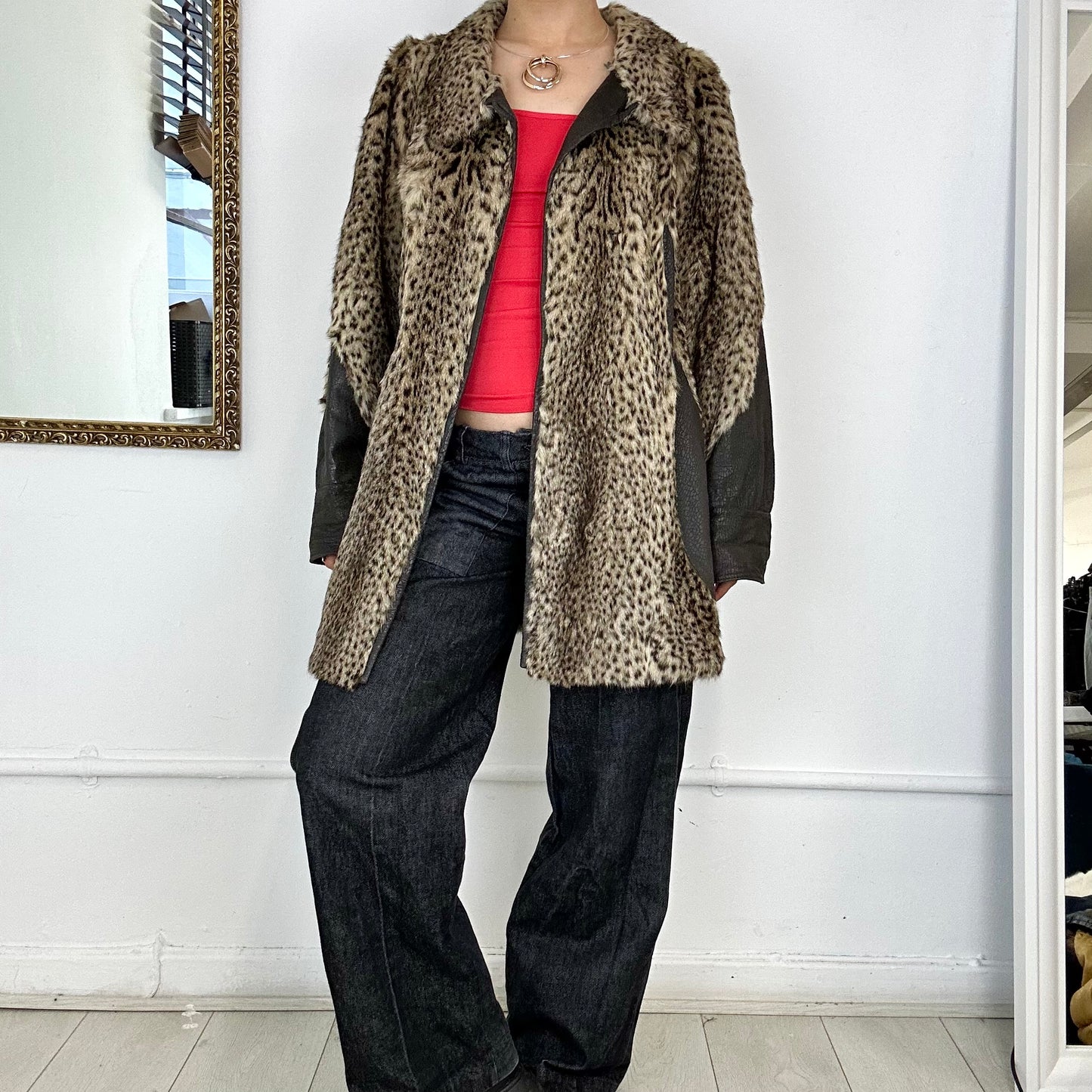 vintage fur cheetah print coat with leather detailing