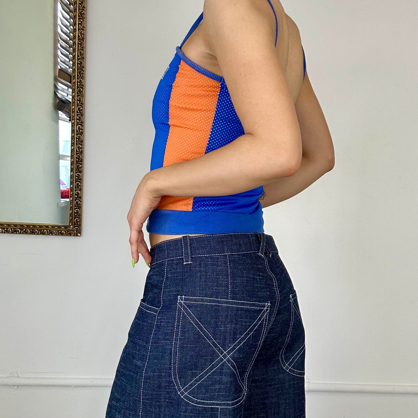 blue sporty square neck tank top