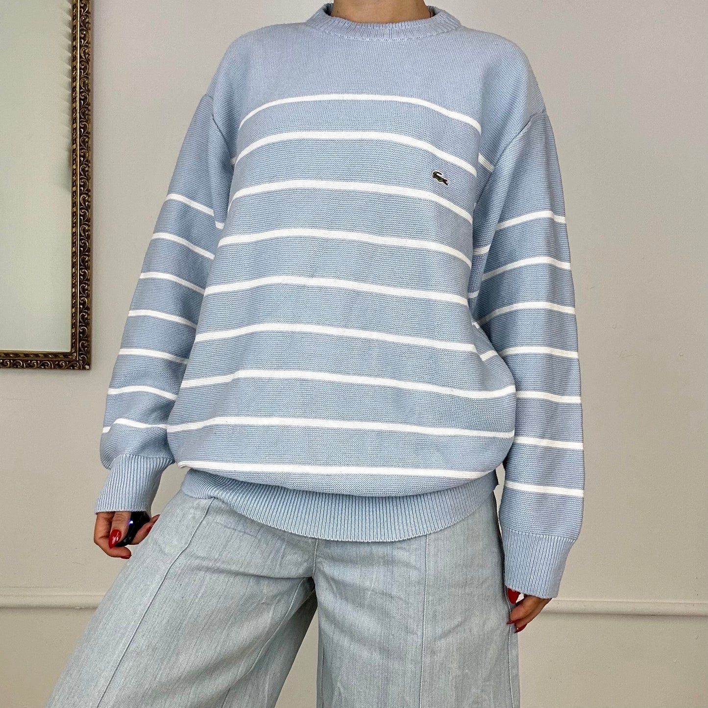 vintage baby blue striped lacoste knitted jumper