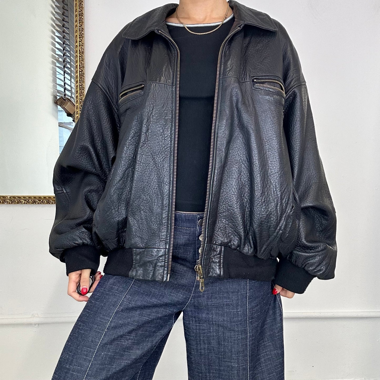 vintage textured leather bomber jacket