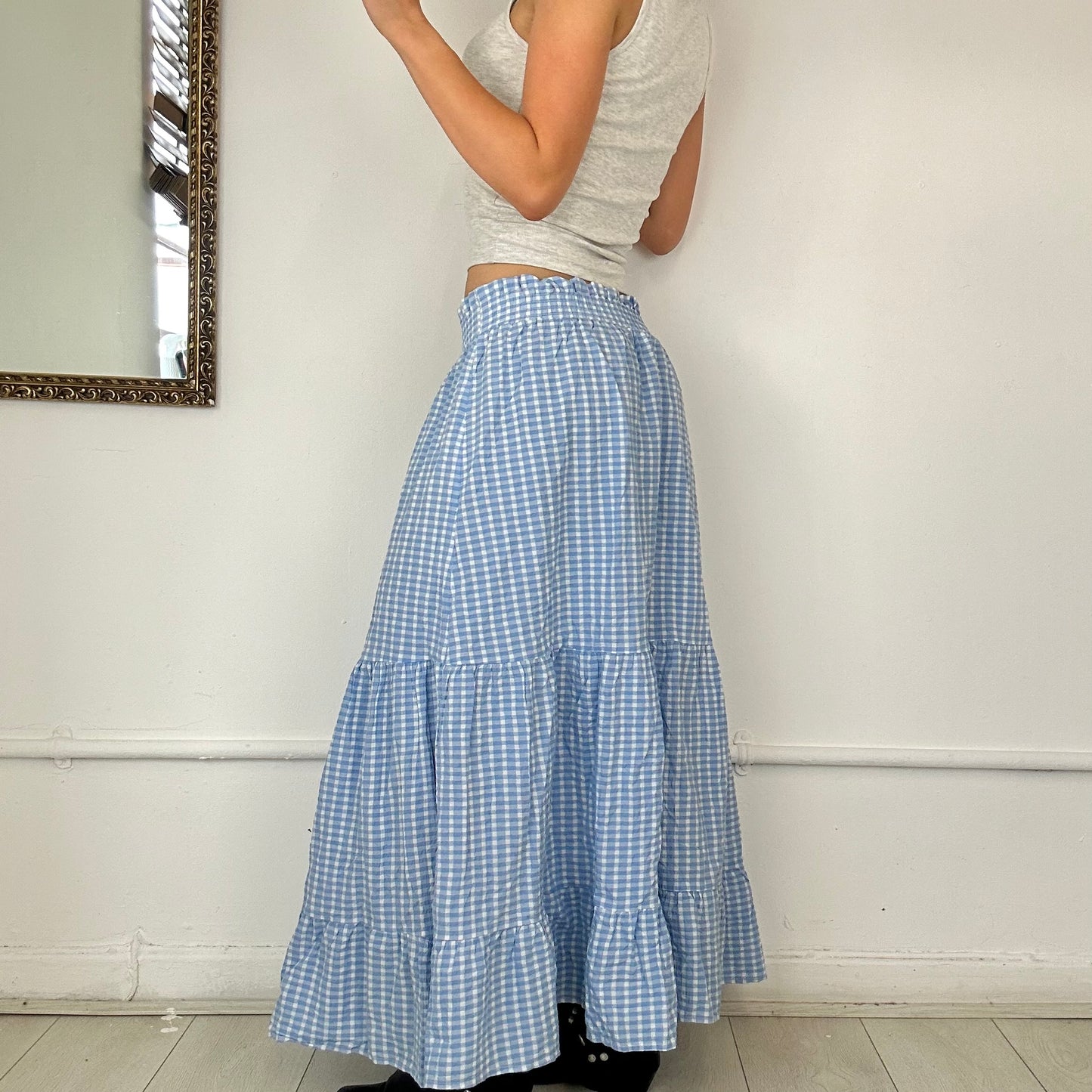 light blue gingham maxi skirt