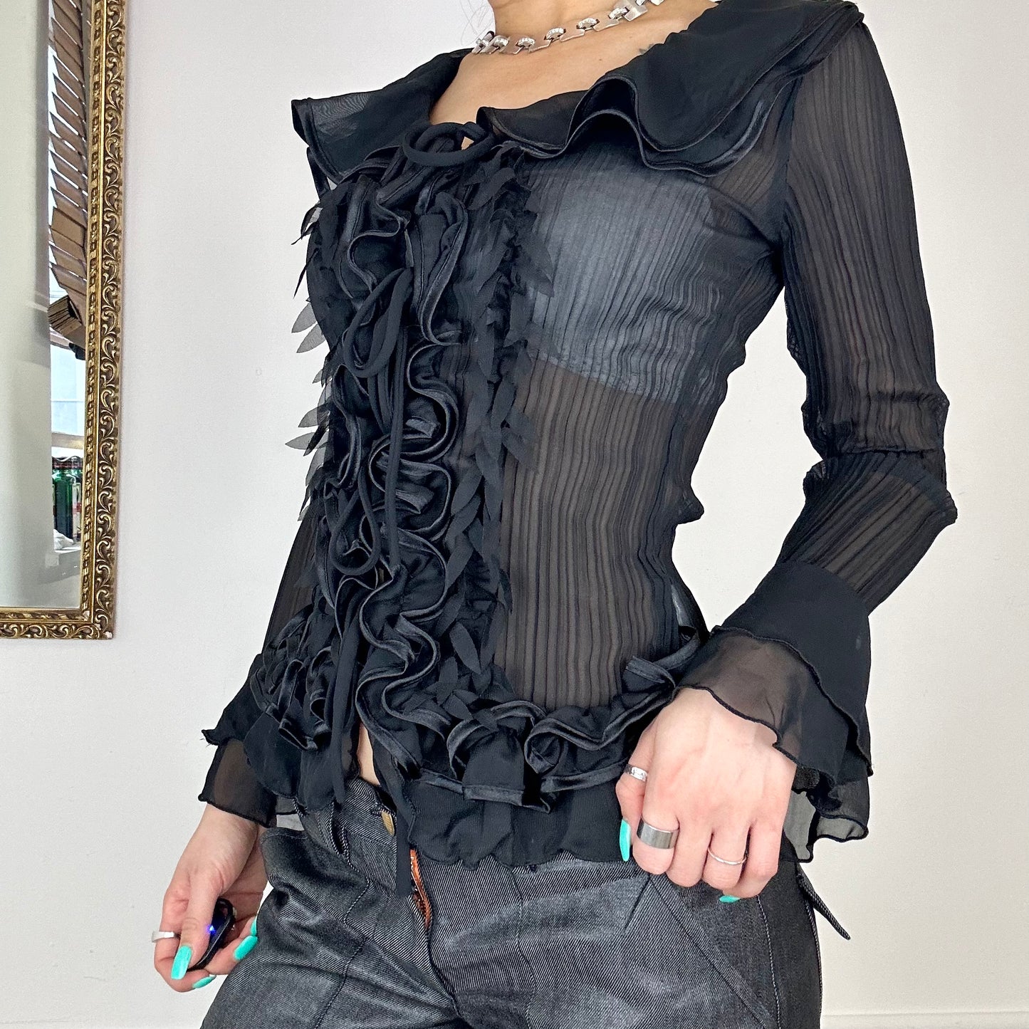 90's black sheer frilly blouse