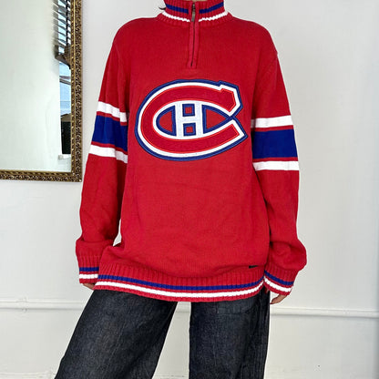 red hockey jersey quarter zip knitted jumper