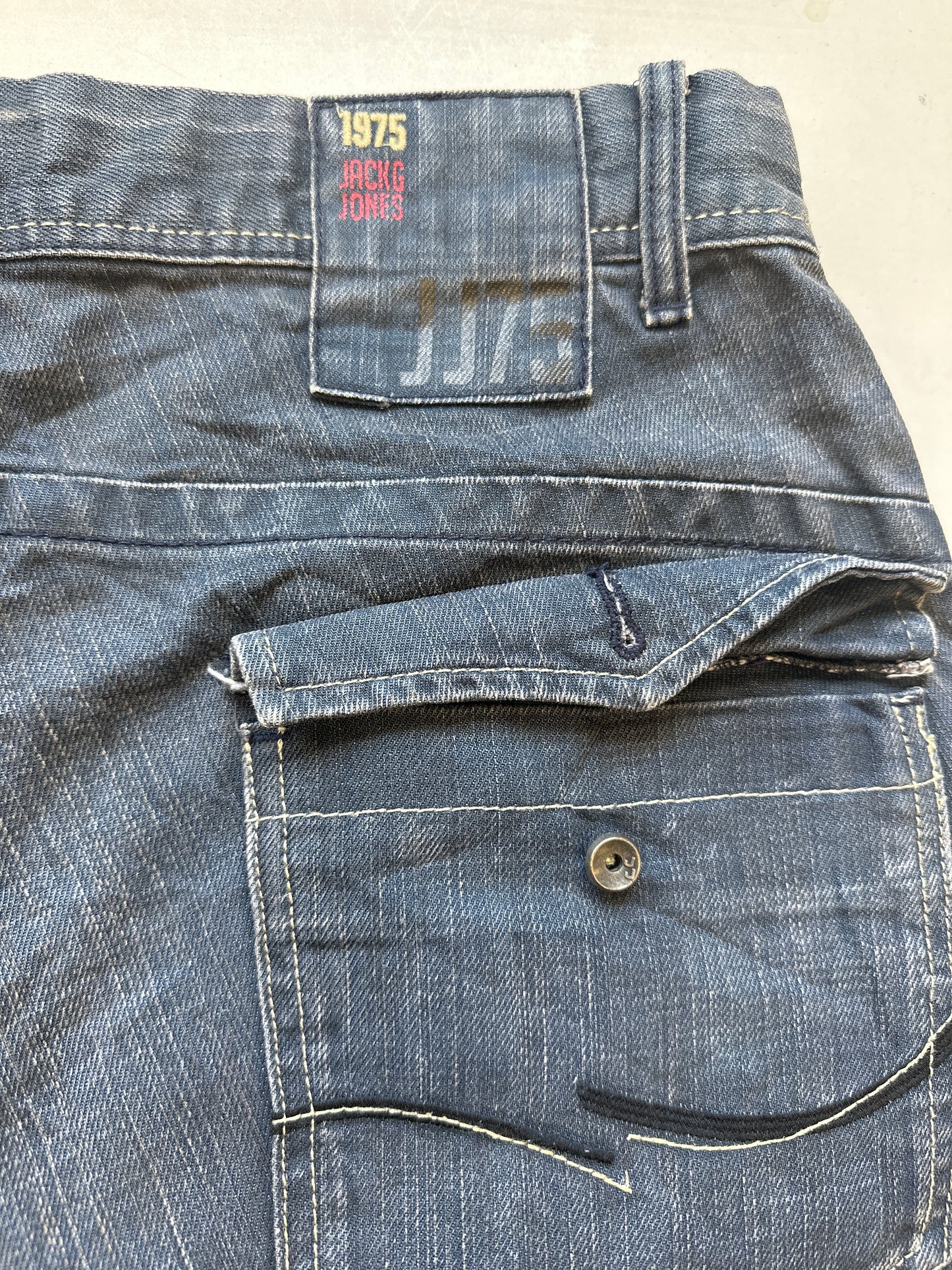 vintage dark wash long denim cargo shorts