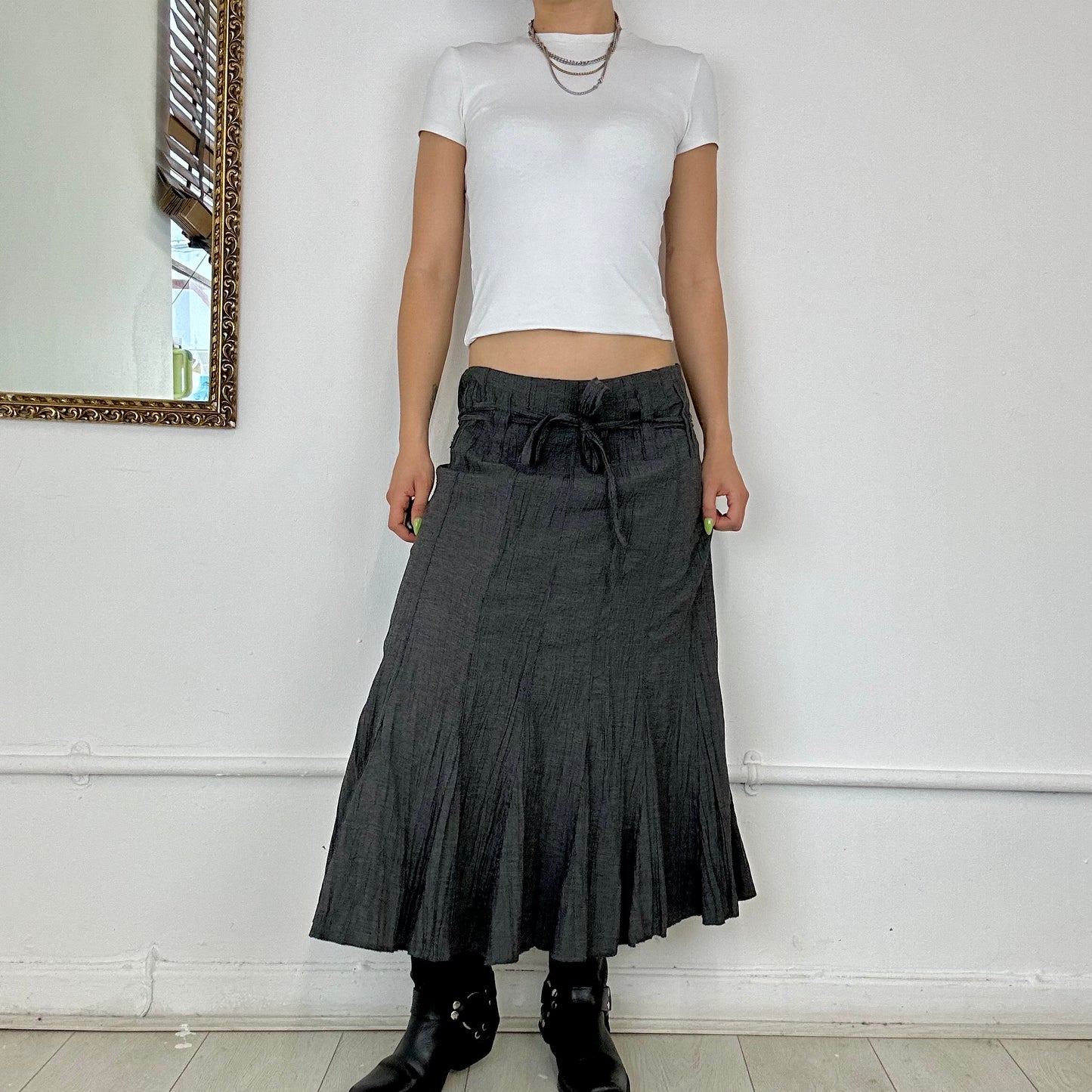 grey crinkle pleated maxi skirt