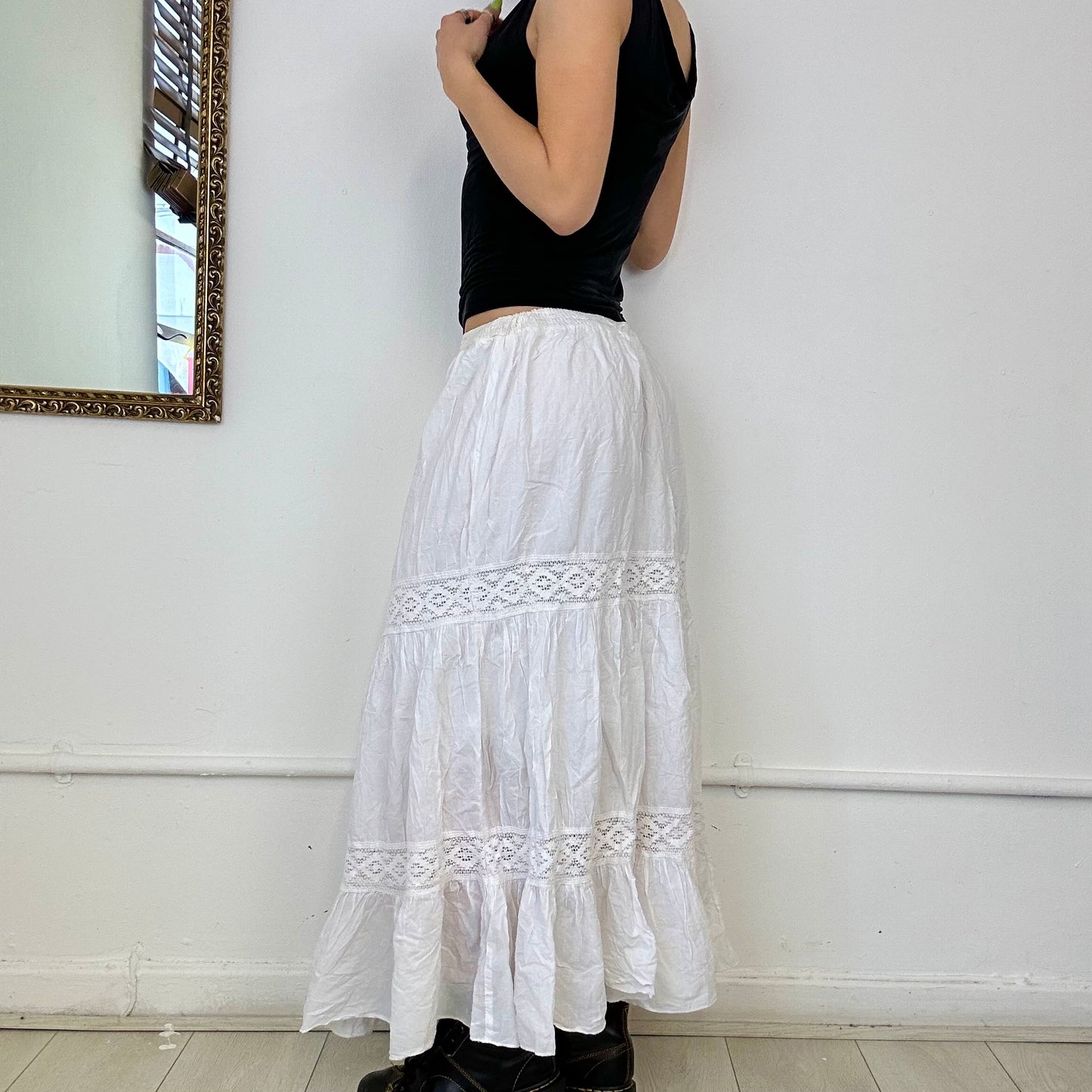 white tiered maxi skirt