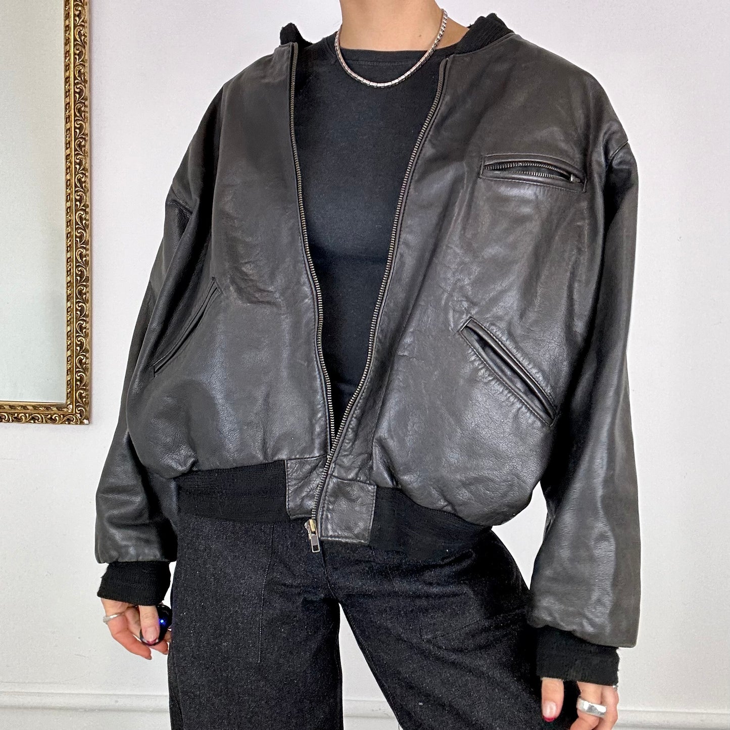 black leather bomber jacket