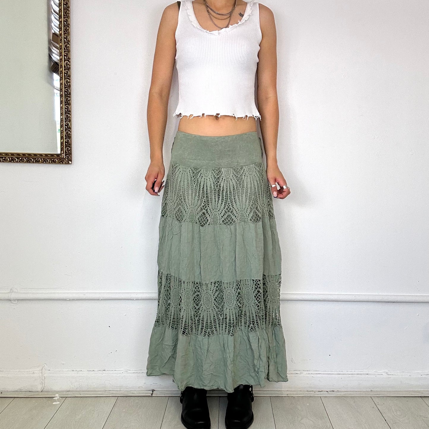 green tiered maxi skirt