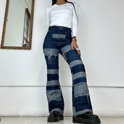 patchwork distressed denim flares