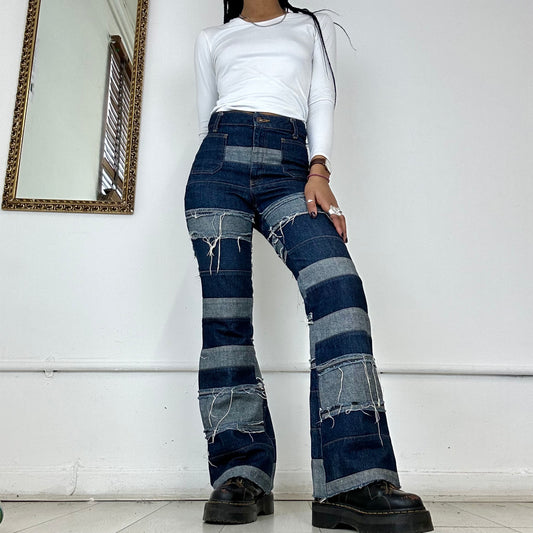 patchwork distressed denim flares