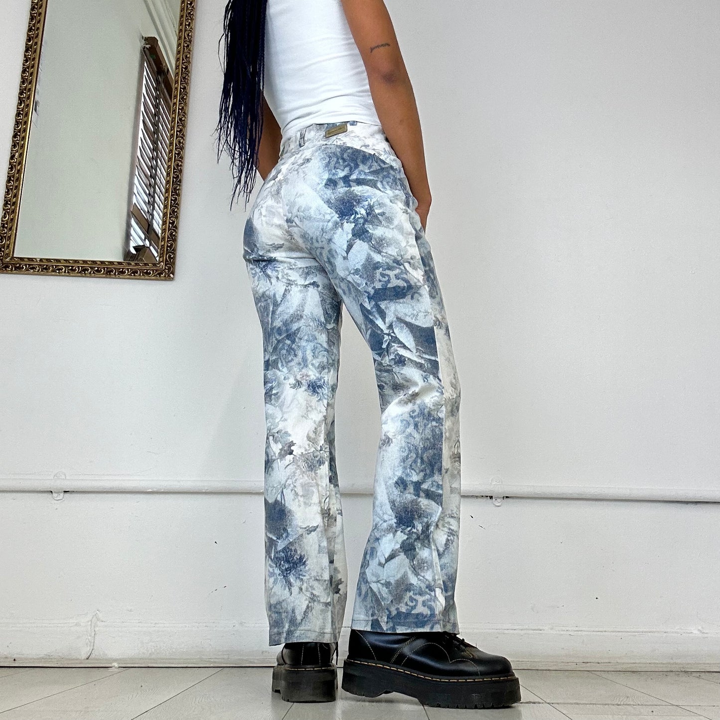 floral blue and white straight leg jeans