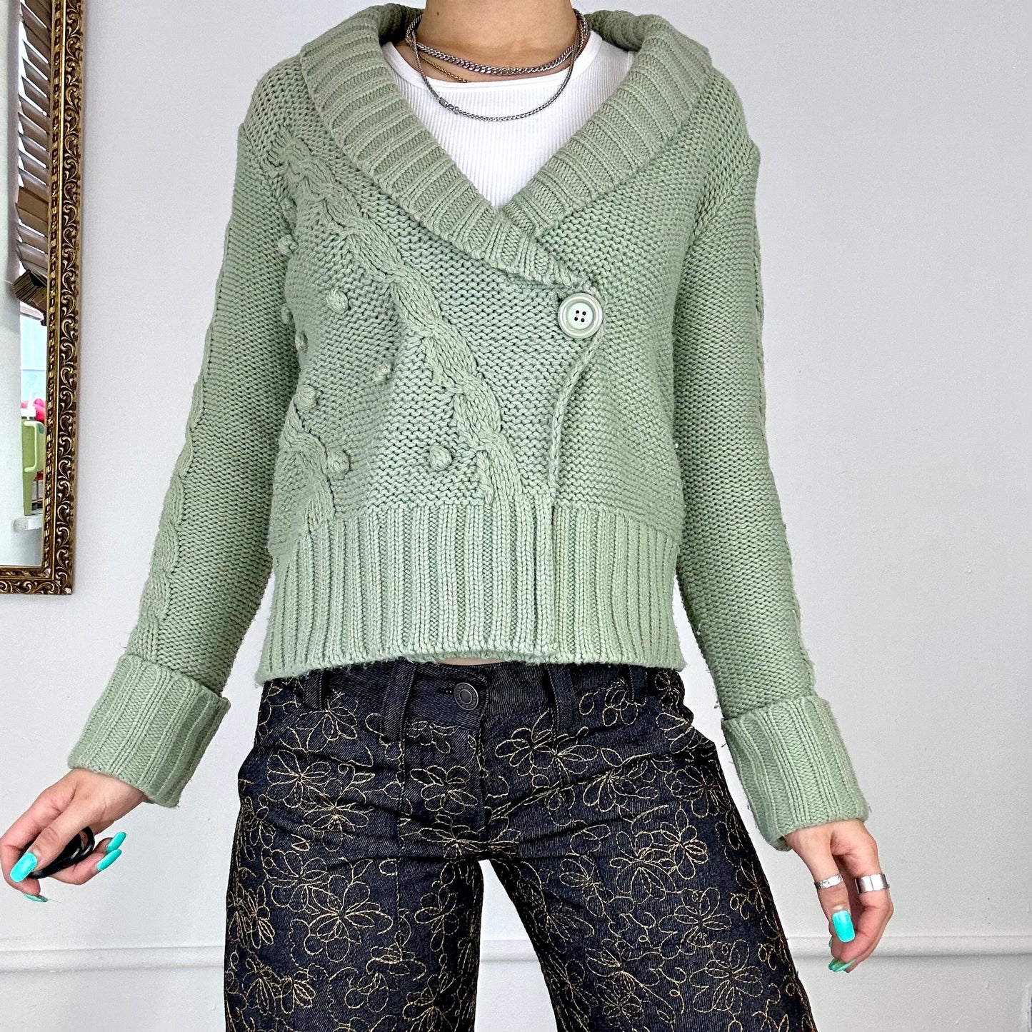 sage green asymmetric knitted cardigan