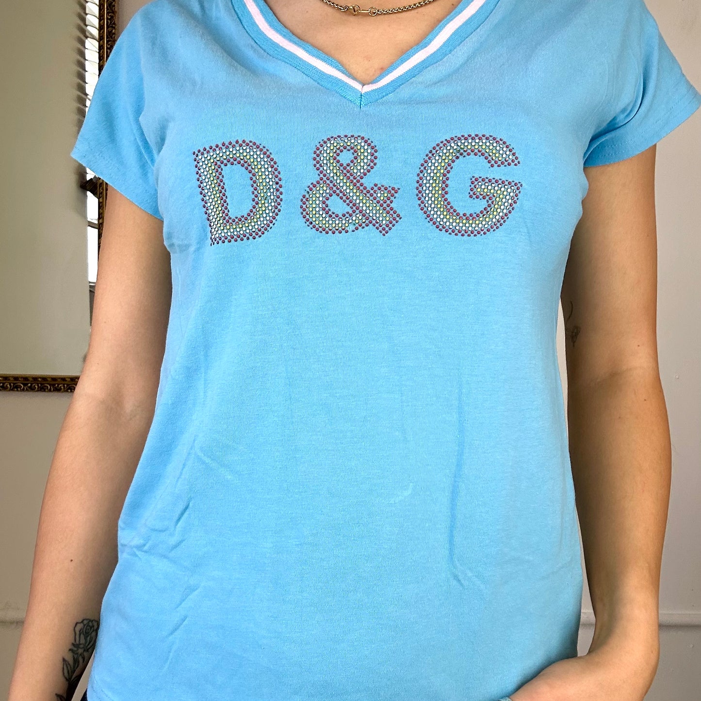 vintage blue dolce & gabbana v neck short sleeve top