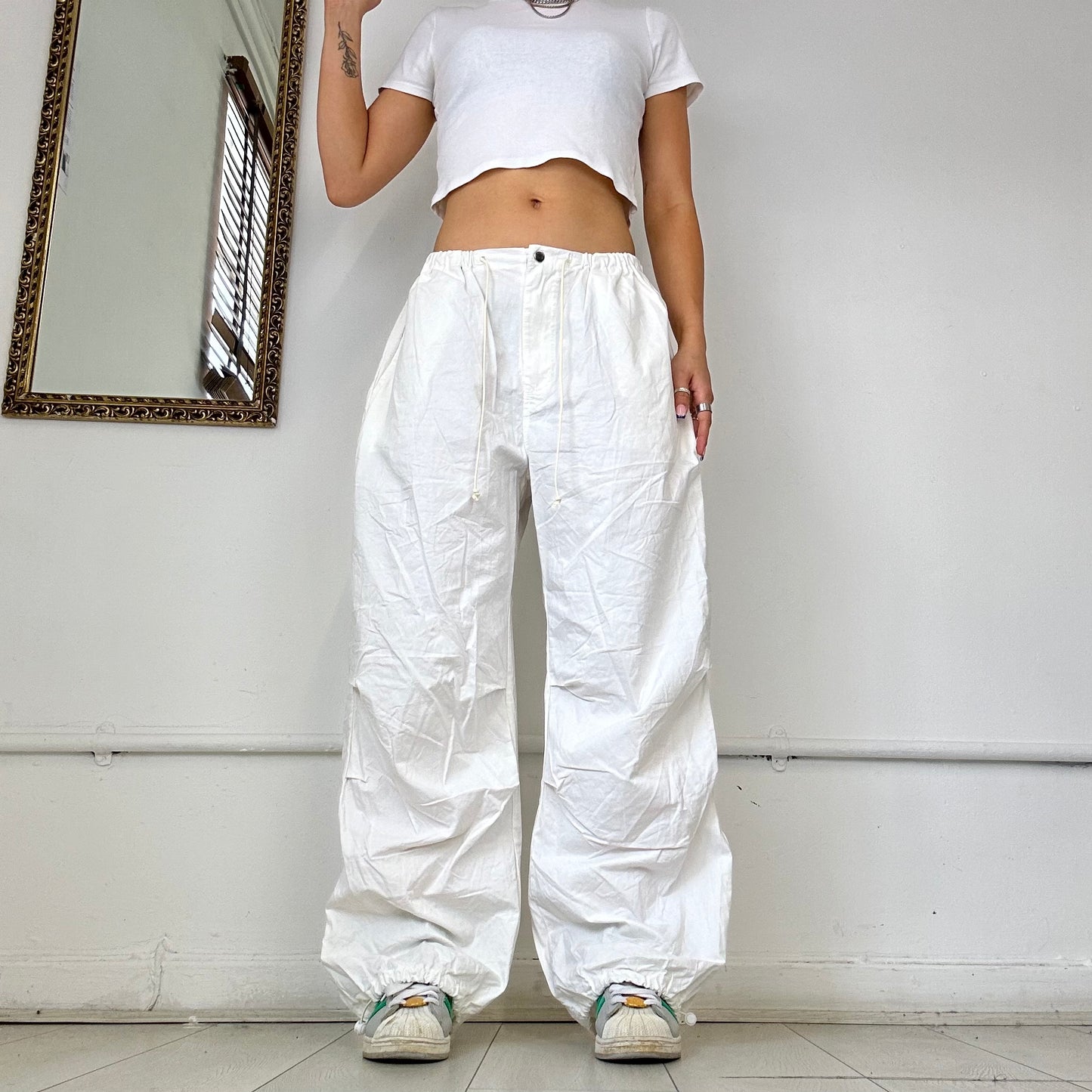 white wide leg cargo trousers